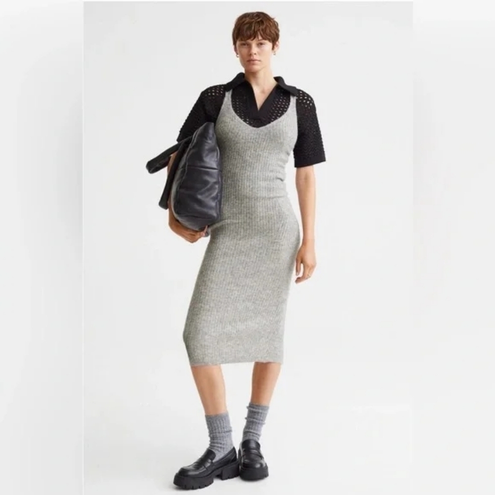 Gray Ribbed Knit Midi Bodycon Tank Dress - Picture 6 of 7